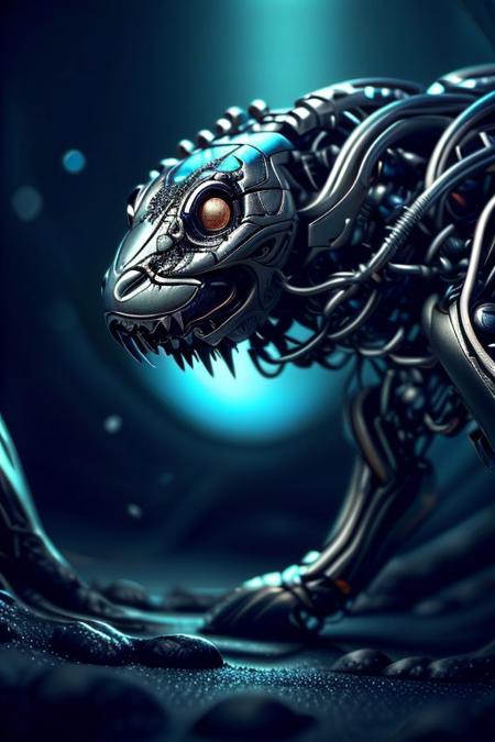 cinematic film still silverpulse, cyborg snake, simple background, high quality, artistic, vibrant colors, detailed textures. futuristic sleek/glossy silver and blue glow, vibrant colors, detailed textures., Concept art, cyborg, background, vintage, modern, SilverPulse, <lora:SilverPulseMorphXL:0.8>, excellent composition, artistic, highly detail, holy, sunny, dynamic dramatic beautiful full taking . shallow depth of field, vignette, highly detailed, high budget, bokeh, cinemascope, moody, epic, gorgeous, film grain, grainy, side view,
