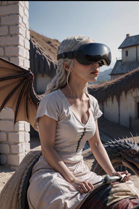 (Game of Thrones style:1.2), closeup shot, Daenerys Targaryen, (riding dragon:1.1),flying, in the air,<lora:vision_pro_v1:0.5>,wearing VR glasses, wearing Vision Pro