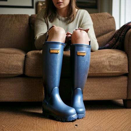 32 years old woman sitting on couch wearing muddy wellington boots, focus on boots, view from low angle