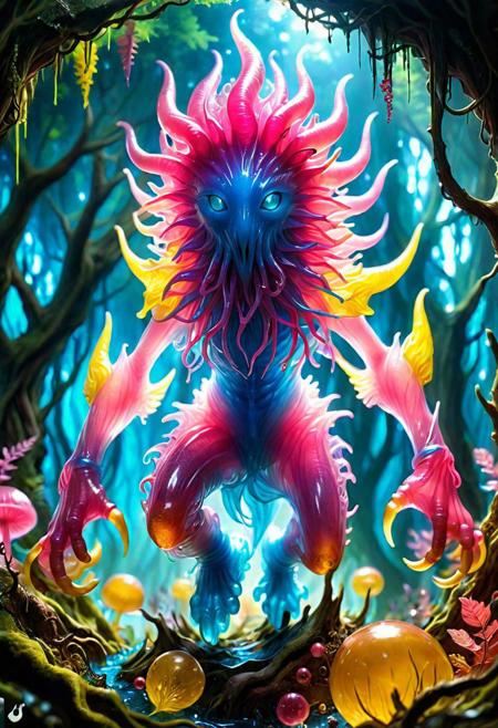 Young [ <'EM_1'> | <'EM_2'> | <'EM_3'> : 0.5] full one color blue pink yellow red transparent gelatine creature  in a gelatine fantasy forest  season
<cdt:d1=2;d2=2;hrs=1;hd1=2;hd2=2;st1=0;st2=1>
