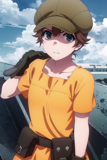 itsuki yakumaru, short hair, brown hair, (green eyes:1.3), gloves, hat, short sleeves, shorts, bike shorts, pouch,