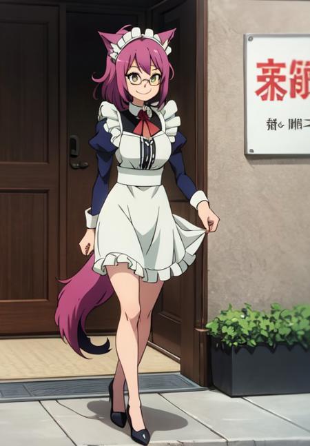 <lora:gate_p:0.8>, gate_p, wolf girl, glasses, smile, walking, market, baskit