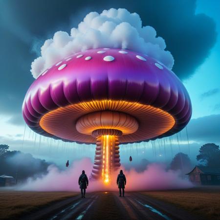 sfw, shnywrld, art style,  ,masterpiece,(best quality),extremely detailed ,   scifi, cyberpunk, steampunk, inflatable, zipper, mushroom, dramatic scene, in an open space, liminal,colourful fog, mist,colourful smoke, , shnywrld<lora:challenge\shinyworld_2dim.safetensors:0.75:0.75>