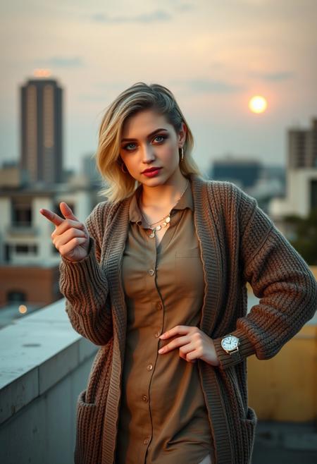 
Extremely photorealistic photography of a stunning slightly voluptuous 25-year-old woman with beige hair, bright aqua eyes, she is dressed in a trendy, modern outfit and is posing casually. sunset towers over one edge of the rooftop. a nostalgic feel to the modern urban setting.
her clothes are A layered look with a chunky cardigan over a button-up shirt dress. She is wearing luxury necklace, simple ring, stud earrrings and  wristwatch on left hand.
One hand on her hip, the other pointing forward as if indicating something important, with a determined expression.