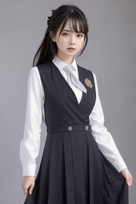 1girl, solo, fair skin, parted lips, half length, 8k, ultra high res, ultra detailed, best quality, looking at viewer, perfect lighting, flat light, ultra high quality, ultra high res, masterpiece, photorealistic, detailed face, perfect anatomy, vest, school uniform, JKvskt,  <lora:JKvestskirtLora_v2:0.8>