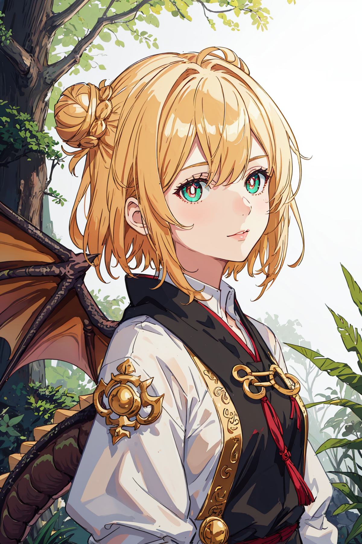 1girl, forest, ((masterpiece)), best quality, perfect face, (perfect anatomy), extremely detailed, dragon girl, dragon hor...