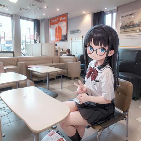 best quality, ultra-detailed, illustration,
makudo, indoors, scenery, poster (object), tiles, window, tile floor, chair, building, 
1girl, glasses, solo, black hair, long hair, smile, looking at viewer, school uniform, sitting, 
<lora:McDonald_JP_indoors_SD15_V2:1>