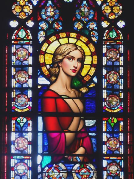 <lyco:StainedGlassPortrait:1.0> stained glass window of super model female blonde, window is a typical church window