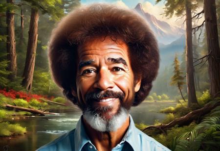 A stunning digital art rendition of Bob Ross, the iconic painter, captured in the highest quality and utmost realism. The portrait should showcase Bob Ross in his element, surrounded by serene nature, with his trademark afro and gentle smile, exuding warmth and creativity. The artwork should evoke a sense of tranquility and artistic inspiration, staying true to Bob Ross's legacy as a beloved art instructor and TV personality.