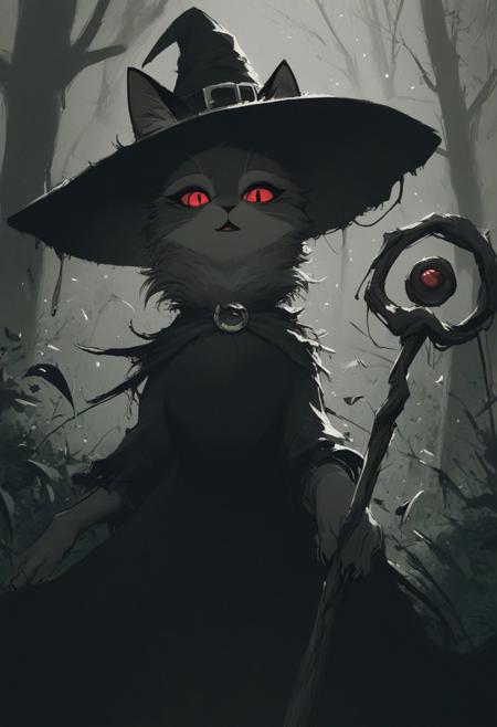 score_9, score_8_up, score_8, solo, (fluffy:0.8), (feral), furry, (((cat))), female, claws, (fluffy cheeks:0.7), (black dress), grey fur, black ears, red eyes, look at viewer, (solo), j_cartoon, aesthetic, dramatic angle, unique perspective, unique angle, night, dark, swamp, (witch hat), (hold magical staff:1.5), (cruel expression), monochromemuse, monochrome, greyscale, j_cartoon, (open mouth), look at viewer,
