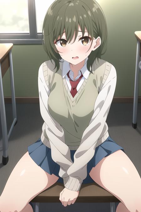 masterpiece, best quality, 1girl, solo,higashira isana,brown hair,green hair,short hair,eyebrows hidden by hair,brown eyes,school uniform,blue jacket,open jacket,long sleeves,grey sweater vest,white shirt,red necktie,blue pleated skirt,<lora:isana:0.6>,classroom, sitting,