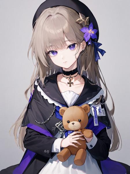 ultra-detailed,(best quality),((masterpiece)),(highres),original,extremely,<lora:heita_Dim8:1>,Herta,1girl,stuffed toy,stuffed animal,solo,holding stuffed toy,dress,hat,head tilt,stuffed bunny,simple background,holding,looking at viewer,choker,long sleeves,chain,grey background,teddy bear,white dress,beret,sailor collar,closed mouth,neckerchief,standing,cross,black choker,coat,white background,black dress,cowboy shot,<lora:ayaka:1>,