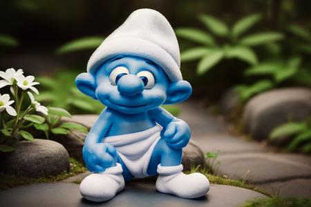 a photo of a tiny smurf (Smurfling:1.0) with a white hat and white pants and white shoes on and a blue face and arms, in a fantasy forest at night, sitting on a cobble stone wall, holding some flowers in it's hand