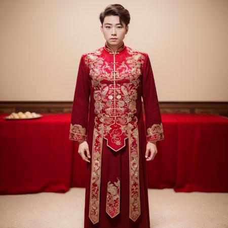 (8k, RAW photo, best quality, masterpiece:1.2), (realistic, photo-realistic:1.4), ultra-detailed, (young male internet celebrity),masculine style,perfect detail ,  make up,(full body:1.5),chinese style architecture,a dress with a red and gold pattern on it<lora:nzshs-10:0.7>