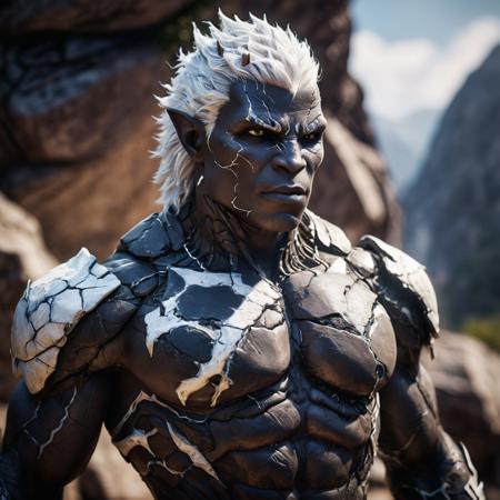 black humanoid made of rock, upper body, barechested, male, ((masterpiece, best quality)), cracked skin, white electricity coming through cracks, muscular male, (dragonborn:0.6), white hair outdoors, detailed background  , depth of field (creative digital art:0.6)professional lightining, hight retouch, depth of field,unreal engine 5, film grain, trending on artstation, <lora:xl_more_art-full_v1:0.8>