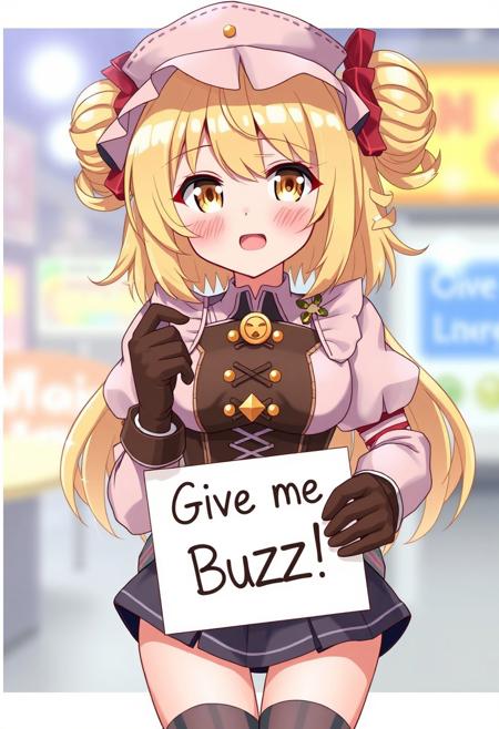 score_4,score_5,score_6,score_7_up,score_8_up,score_9 ((masterpiece,best quality,ultra detailed,highres,HD,4k:1.2)), 
1 girl,solo,face focus,
mami tomoe, blonde hair, drill hair, twin drills, yellow eyes,large breasts, brown gloves, corset, detached sleeves, fingerless gloves, gloves, hat, juliet sleeves, long sleeves, magical girl, puffy sleeves, skirt, striped, striped thighhighs, thighhighs, thighs, vertical stripes, vertical-striped thighhighs, 
(("Give me Buzz.",Beggars Borad,Holding a sign, holding a sign that says, "Give me Buzz."))
looking at viewer,open mouth,blush,happy,smile,cheerful,