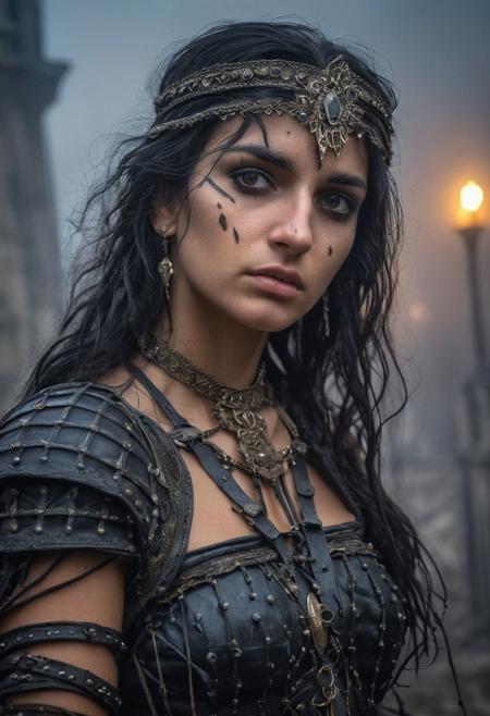 Close Up shot of  Esmeralda from Notre Dame  fairytale as a warrior, she IS a very beautiful romanian gypsy girl,  black hair, beautiful, leather armour, dirt  clothes, wind, at night, fog, mist, she IS in the Notre Dame Cathedral, National Geographic photography awarded masterpiece
