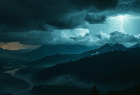 Medieval, D&D, high contrast, real photo, 4k, dramatic lighting, thunderstorm over a distant mountain range, rivers, forests and a bright flash of lightning, heavy cloud cover