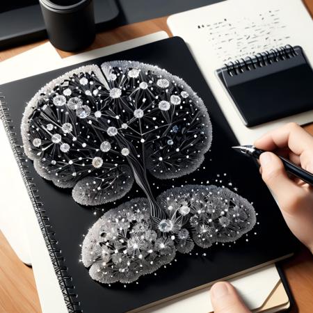 concept art (Digital Artwork:1.3) of (Ultrarealistic:1.3) <lora:DalE-3-FFusion-LoRA-ViT-FA:1> there is a pen that is laying on a notebook with a drawing of a brain, black micron pen illustration, on a notebook page, concept illustration, artistic render, drawing sketches on his notebook, digitally drawn, neural pointillism, detailed digital artwork, pen and paper, a detailed drawing, drawing pictures on a notebook, (pen), brain from crystals,CGSociety,ArtStation . digital artwork, illustrative, painterly, matte painting, highly detailed