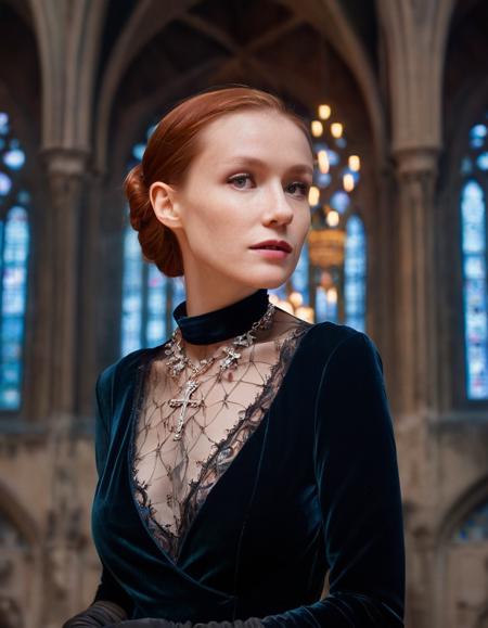 ohwx woman, red hair,Within the gothic architecture of an ancient cathedral, with stained glass casting kaleidoscopic lights, a cinematic photo is bathed in mystery. Full body shot focus, Photorealistic portrait in breathtaking detail, photo scanned at ultra-high resolution, inspired by Helmut Newton and Peter Lindbergh. Soft, multicolored light, majestic cathedral backdrop, an expression of awe, understated makeup, hair in a low chignon, wearing a floor-length velvet gown, a delicate cross necklace, and lace gloves, embodying the mystique of gothic romance. 35mm photograph, film, bokeh, professional, 4k, highly detailed.