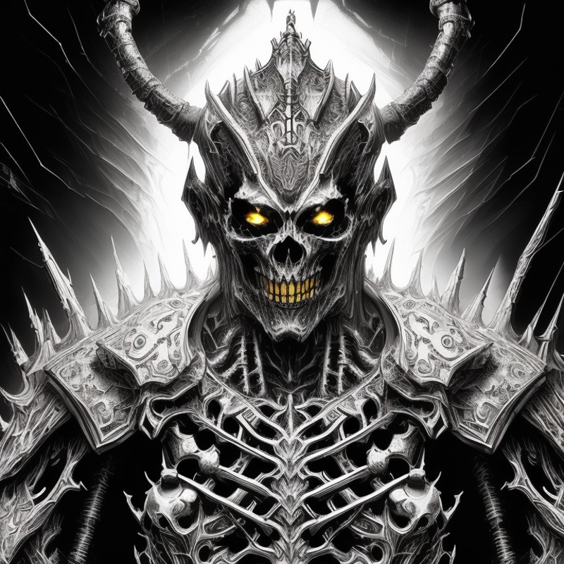 An armored skeleton lord, intricate details, glowing yellow eyes, black and white, Cosmic Horrors