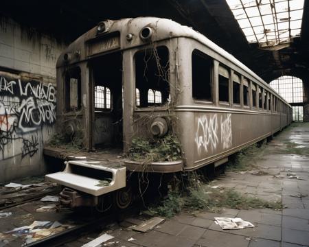 on a post-apocalyptic deserted train station, rusting benches, cracked information board, graffiti-covered abandoned train., by Irving Penn,  <lora:PostApocalypticXL_v1:0.8> SZ_4po enviroment