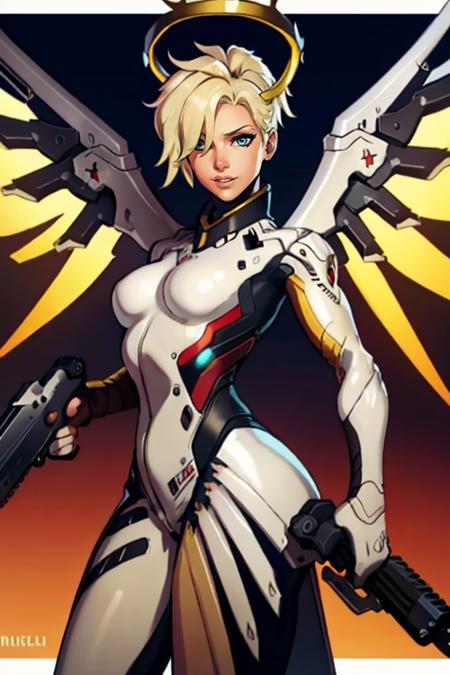 masterpiece,best quality,extreme detail,8k,image sharpness,<lora:mercy-10:0.8>, mercy2,1girl,solo,breasts,blonde hair,holding,medium breasts,weapon,cowboy shot,wings,holding weapon,armor,hair over one eye,lips,gun,bodysuit,halo,staff,holding gun,handgun,dual wielding,holding staff,mechanical halo,mechanical wings,spread wings,yellow wings,glowing wings,