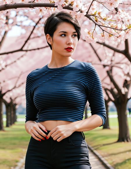 RAW full body analogue photo of a beautiful 25 years old woman, clear focus, high resolution image, Ms KMXD, black hair, <lora:MS_KMXD_SDXL_V1:1.0> dark hair Caucasian, Arab?,  ,wearing Ska/Two-Tone: Black and white striped shirt, black trousers, shiny Oxfords, bold red lipstick, and a slicked-back hairstyle with a hat., ((cute-pixie-cut:1.5)),,high quality, film grain, Fujifilm XT3, 8k uhd, dslr, film grain, kodak tri-x 400 film, grain photo DOF, faint lighting, dynamic angle, cinematic, Depth of field, bokeh, best quality, cinematic, light particles, highly_detailed, very_aesthetic, golden hour, beautiful_and_aesthetic ,Sexy pose, erotic pose, exhibitionism, ,Cherry blossom park
