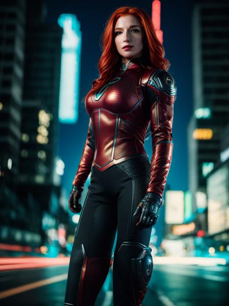 4nn41is3ba550, full body, red hair, hazel eyes, female superhero outfit with glowing LED piping, outdoor, night, futuristic city, atmospheric, upper body, <lora:Annalise_Basso_PMv01_LyCORIS:1>, Photorealistic, Hyperrealistic, Hyperdetailed, analog style, detailed skin, matte skin, soft lighting, subsurface scattering, realistic, heavy shadow, masterpiece, best quality, ultra realistic, 8k, golden ratio, Intricate, High Detail, film photography, soft focus