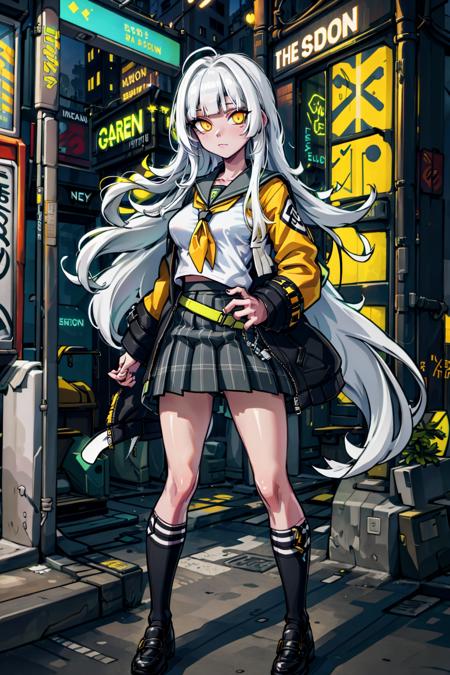 dim lighting, (neon green graffiti:1.2), alleyway, graffiti on wall, city, looking at viewer, 1girl, rio, white hair, long hair, blunt bangs, yellow eyes, medium breasts, school uniform, black jacket, white shirt, plaid skirt, socks, shoes, Neon Light, <lora:Game-EternalReturn-Rio:0.8>