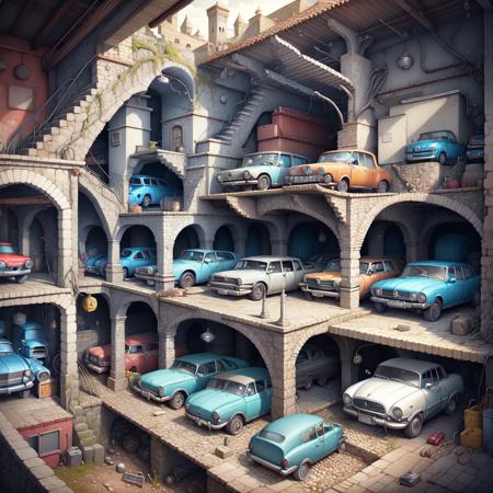 <lora:kLabyrinth:.9> kLabyrinth, garage with cars