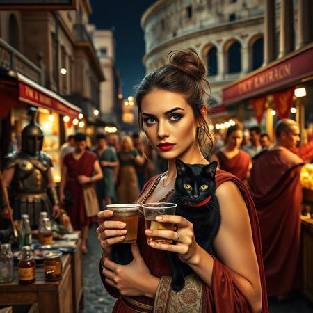Setting is a 1st century Roman Empire market in Rome at night, the market is comprised of street vendors selling robot parts, food, weapons, and animals. Everyone and everything in the image is appropriate for a scene from Ancient Rome, People wearing Roman clothing are walking through the street market shopping and eating, A sleek black cat with red collar sits on a cluttered wooden table at a kiosk selling beverages and food, Behind the table is a merchant selling beverages and food, (((a beautiful woman, 24 years old is standing in the foreground, the woman  facing the viewer with a cup of alcohol beverage in her hand. Her eyes are beautiful and focused on the viewer, she has an expression of interested curiosity))), the sleek black cat with red collar is sitting on the table and watching the beautiful woman, Roman Soldiers are walking behind the beautiful woman, one of the solders turns to look at the beautiful woman with the cat, many people are walking by in the busy street market, the woman is dressed in high fashion Roman Empire clothing with an alluringly sexual, but traditional roman aesthetic. The woman's hair is elegantly tied up with a ribbon. Artistic ancient Roman aesthetic, dynamic perspective, (((overall architectural aesthetic is Ancient Rome in 1st Century Roman Empire era))).  Epic image that elicits a feeling of wonder and awe, Rome Coliseum Roman Forum architecture in background,