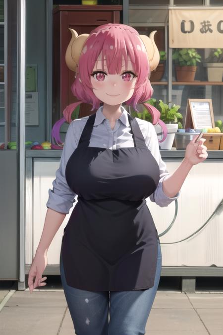 (((pixel-perfect, detail-perfect, photo-perfect))), solo, 1girl, <lora:ilulu-maidragon:0.8>, ilulu, huge breasts, (black apron:1.3), collared shirt, jeans, looking at viewer, smile,