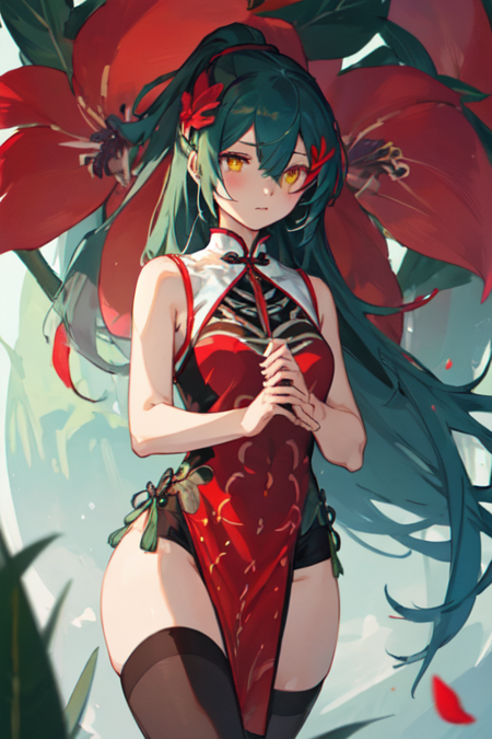 JiangMan, 1girl, solo, very long hair, hair ornament, thighhighs, dress, jewelry, yellow eyes, ponytail, flower, green hair, sleeveless, black thighhighs, sleeveless dress, chinese clothes, red dress, red flower, one eye covered