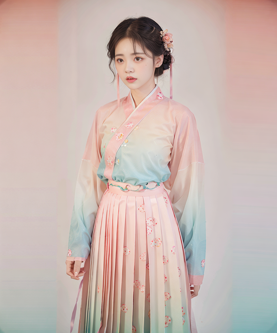 masterpiece, best quality,realistic,1girl,(hanfu, pink short shan,  red cyan gradient pleated skirt, orange songmo),<lora:...