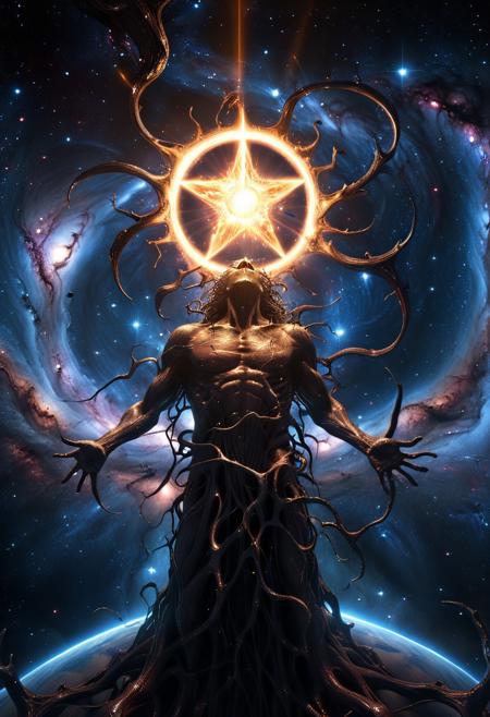 score_9, score_8_up, score_7_up, score_6_up, score_5_up, score_4_up, (absurdres, best quality, masterpiece:1.4), illustration, photorealistic, cinematic lighting, dynamic angle, perfect composition, faceless, cosmic god, faceless cosmic god, consuming star, dark tendrils, collapsing light, cosmic horror, glowing energy, celestial body, vast emptiness, omnipotent, terrifying