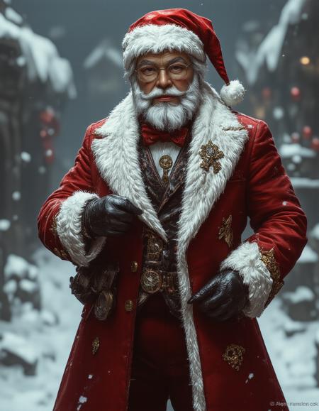 Realistic image reimagines a tall Santa Claus with a fashionable Victorian aesthetic. He dons an elegantly tailored deep red frock coat with intricate gold embroidery, a luxurious fur-lined collar, and polished leather boots. His fancy moustache is carefully groomed, paired with round, vintage spectacles. A velvet waistcoat and pocket watch add a refined touch, while snowy flakes swirl around him, enhancing the nostalgic yet stylish, aristocratic vibe. His confident, dignified pose exudes timeless charm, vantablack