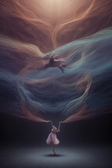 surreal, waltz of fractal smoke over the abyss, fantasy smoke, dresses and stars, dynamics, movement, wind, colorful, intricate details, perspective, hyper-detailed, hyper-realism, professional photoshoot
