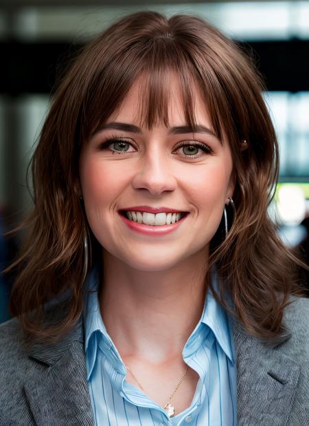 closeup portrait of skswoman, smile , wearing pants , with silver Curtain bangs , background airport epic (photo, studio lighting, hard light, sony a7, 50 mm, matte skin, pores, colors, hyperdetailed, hyperrealistic), <lyco:Jenna FischerV2:1.1>