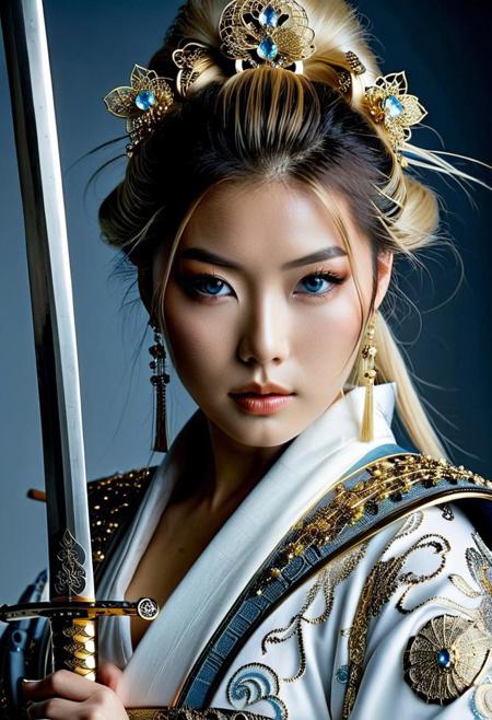 score_9, score_8_up, score_7_up,
Realistic close-up of a 20 year old woman Asian, who is the focal point. Her striking features include white painted kin, exceptionally bright, almost luminous icy-blue eyes, and long, flowing platinum blonde hair styled in an elegant updo. Her hair is accented with an elaborate jeweled hairpiece, a delicate and ornate arrangement of gold and various sparkling stones, predominately in shades of white and light blue. She also wears elegant, dangling earrings that complement the hairpiece. Her clothing is equally opulent, a light, almost white, garment with intricate detailing.
The woman grips a katana (a Japanese sword) with both hands, holding it across her body, partially obscuring her face. The sword's hilt is extravagantly decorated with a similarly lavish design as her jewelry and clothing, featuring intricate gold metalwork and numerous embedded jewels that shimmer and catch the light. The blade itself is long and gleaming, reflecting a subtle light.
The lighting in the picture is dramatic and seemingly ethereal, creating a soft glow around the woman, emphasizing her striking eyes and the details of her clothing and the sword. The color palette consists mostly of cool tones, with the icy blue of her eyes and the silvery-white of her clothing highlighting the use of gold and sparkling accents, creating a visually striking contrast.
Samurai , cinematic, ninja, samurai
(real photograph:2.0), fflix-geisha