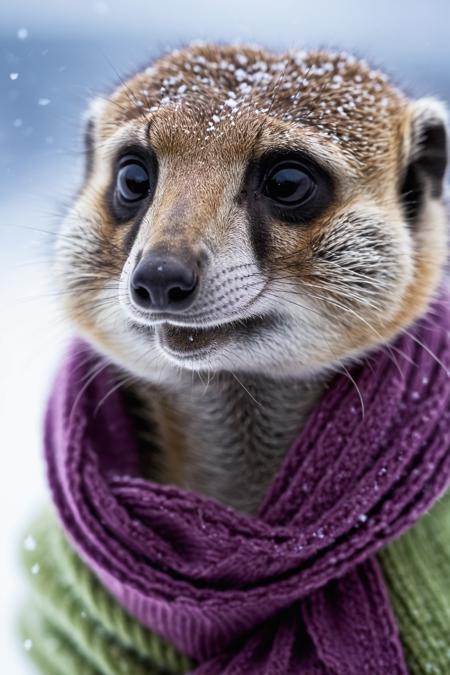 Extreme close-up,  meerkat with a warm scarf and beanie,  smiling,  snow strom,  snowfall,  atmosheric lighting