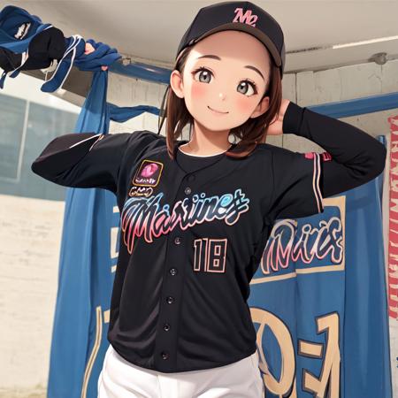 best quality, ultra-detailed, illustration,
BSW2023, baseball uniform, black shirt, 1girl, solo,  baseball cap, looking at viewer, smile, upper body, long sleeves, black headwear, black hair, facial hair, gradient, baseball stadium, 
 <lora:Chiba_Lotte_Marines_BSW2023_Uniform_SD15_V1:1>