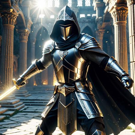 epic a hooded knight with hood, ruined temple, sunbeam, dynamic pose as if mid-battle, cinematic volumetric lighting, hyper-realistic marble texture, 8k resolution, dramatic shadows, Unreal Engine 5 rendering, cool, serene, magic hour, extreme close-up, pcb_style, motherboard,
