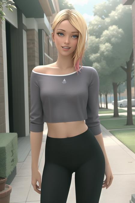 <lora:GwenStacy-v1-06:0.7>, ChopioGwenStacy, realistic, short hair, blonde hair, gradient hair, (sidecut, undercut:1.1), blue eyes, (freckles:1.1), lips, nose, (eyebrow piercing:1.2), eyeshadow, mascara, makeup, (looking at viewer:1.3), medium breasts, outfit_1, grey shirt, animal print, crop top, off-shoulder shirt, long sleeves, sleeves pushed up, yoga pants, black leggings, tight pants, outfit_1, yoga pants, black leggings, tight pants, unworn shirt, topless, nipples, nsfw, outfit_1, yoga pants, black leggings, tight pants, no panties, torn pants, topless, nipples, nsfw,