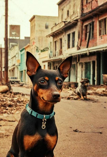 analog film photo ,core_9, score_8_up, score_7_up, source_anime BREAK 1dog chocolate and tan color, A brown Miniature Pinscher lost in a small town, in a apocalypse setup, a, post-apocalyptic, <lora:add_detail:0.5>, focus on dog, Min pin centered, cute dog, perfect face, postapoAI, painterly, faux traditional media, realistic,, Lomography, stained, highly detailed, found footage