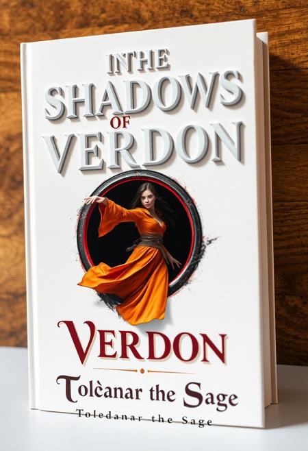 Create a book cover called ("In the Shadows of Verdon"), the letters of the title are 3D embossed white letters on a white background but you can read the dark shadow they cast on the page, the cover is white, in the middle of the book there is a beautiful Summoner brunette woman in fantasy wizard orange clothing being pulled into a black portal with a red edge, there is extreme foreshortening as she extends her arm towards the viewer while her body is pulled inside the black portal with the red outline.  The book cover has vivid colors with a color silver and white and red color pallette very well rendered and extremely detailed, at the bottom are the name of the author ("Toldanar the Sage") written in english with a fancy French font surrounded by magical runes