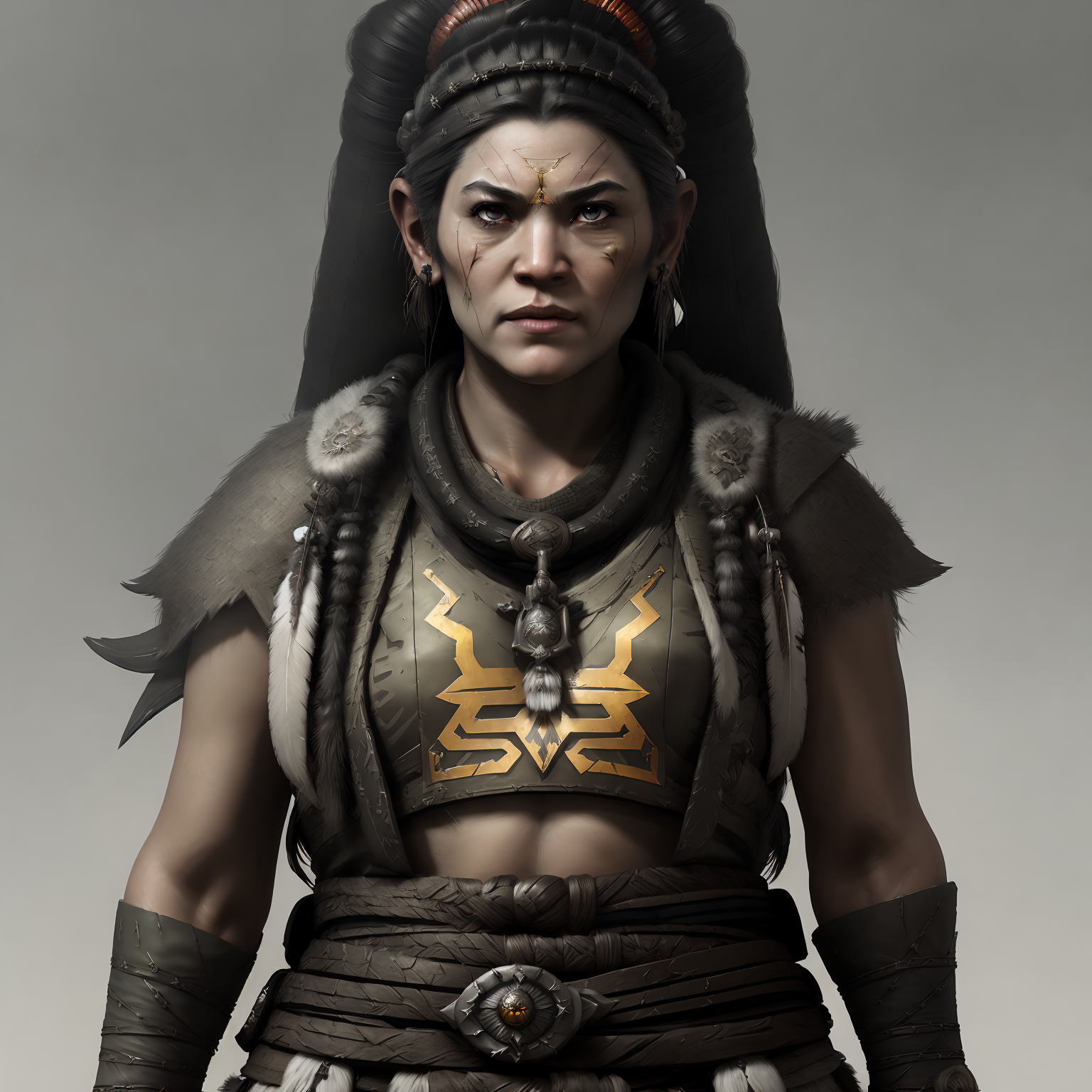 a photo of character of a yang (((female))) native american warlord, award winning image, highly detailed, 16k, video game...