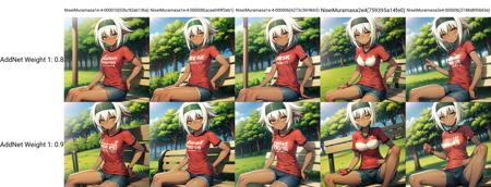 solo, Nisei Muramasa, short hair, dark-skinned female, dark elf, orange eyes, white hair, black hairband, t-shirt, shorts, sitting on bench, park, trees, denim, hands on knees