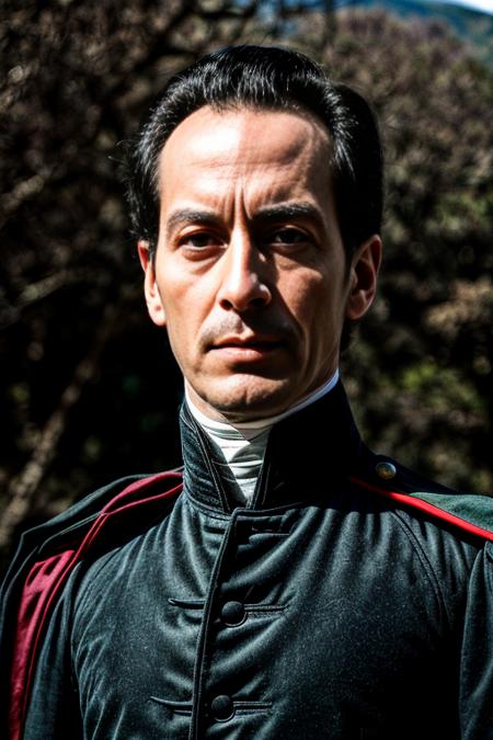 RAW photo, a portrait photo o  <lora:simonbolivar-08:0.6> simonbolivar  (best quality, masterpiece, ultra-detailed:1.2), 1boy ,solo,looking at viewer, black hair  <lora:more_details:1> ( sharp:1.2) ,(with a passage of plain and green nature in the background:1.1) , (anime style:1.3),  8k uhd, high quality, film grain, Fujifilm XT3