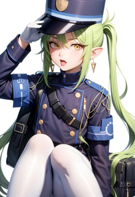 highlander_sidelocks_conductor_\(blue_archive\), 1girl, highres, white_gloves, pointy_ears, green_halo, peaked_cap, black_hat, demon_tail, white_pantyhose, pleated_skirt 1girl, highres, pointy_ears, peaked_cap, long_sleeves, white_gloves, white_pantyhose, black_hat, highlander_twintails_conductor_\(blue_archive\), green_halo, demon_tail